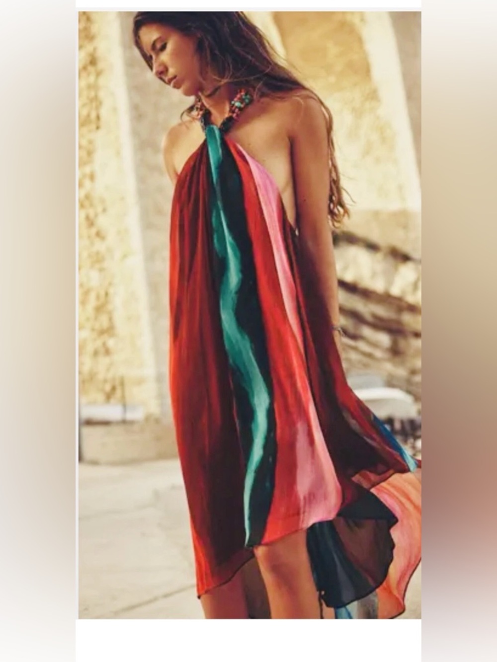 NWT ZARA WOMAN MULTICOLORED BEADED HALTER DRESS Beach Summer Vacation Dress XL
